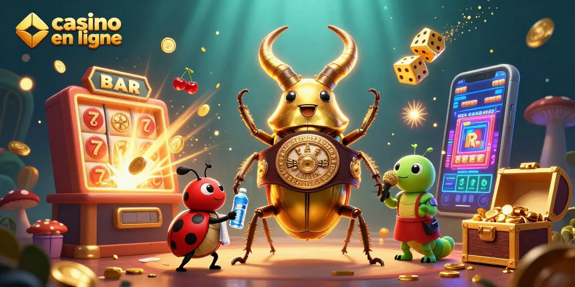 Casino en ligne : illustration dynamique de personnages de jeu dans une scène animée.