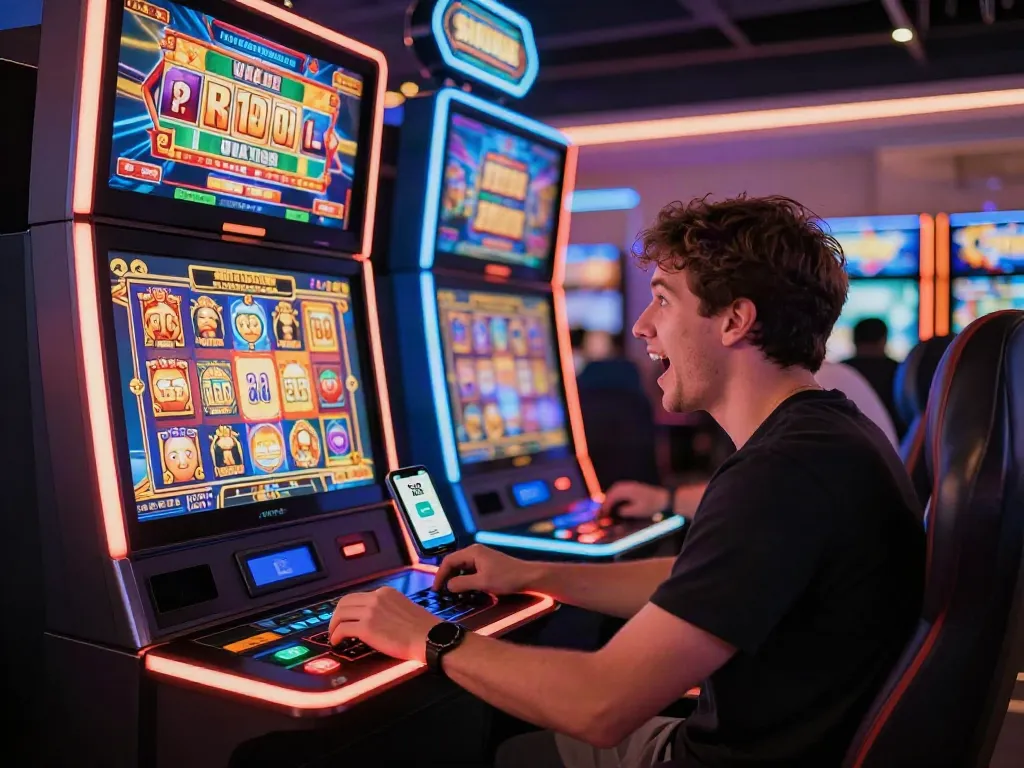 Player enjoying slot gacor maxwin in a vibrant online gaming environment with QRIS payment.