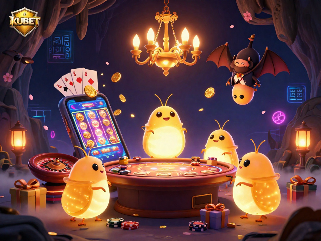 KUBET's captivating online casino scene with glowing glowworms and vibrant game elements lighting up the excitement.