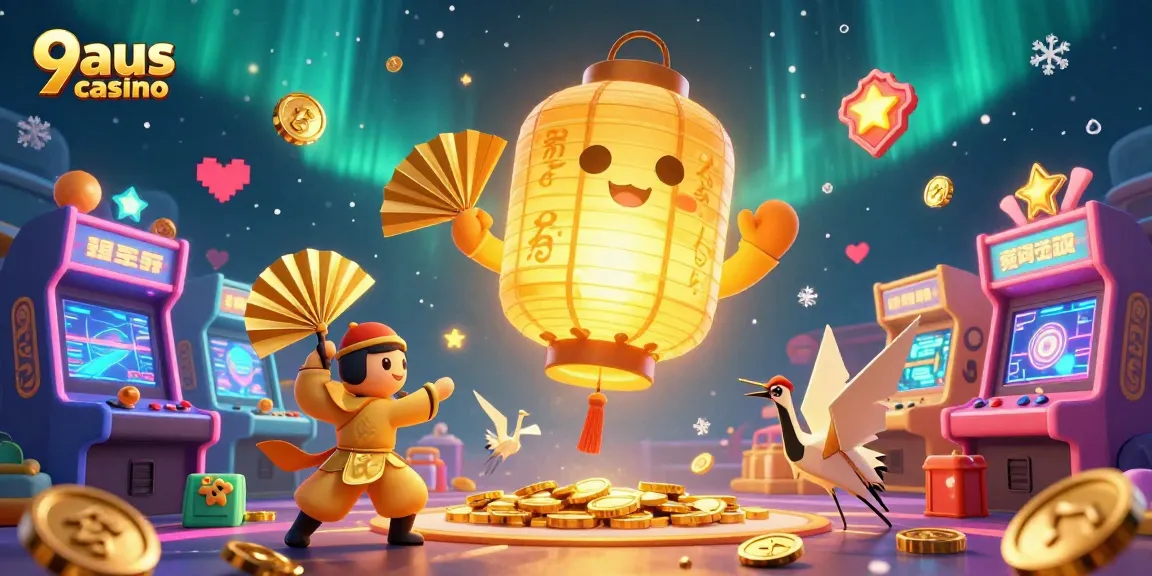 Experience thrilling adventures at 9aus casino with a vibrant scene of gaming characters and elements.