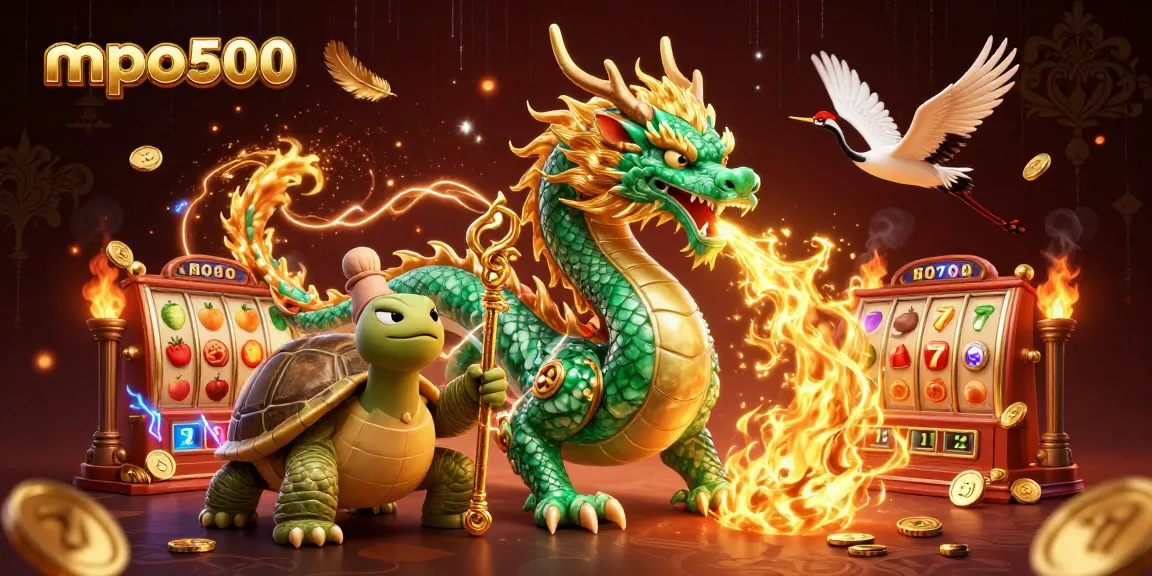 Spin and win on mpo500: an exciting 3D scene with a jade dragon, lucky cranes, and slot reels.