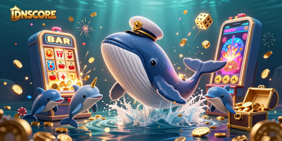 Experience IDNSCORE's thrilling atmosphere with a whale, narwhal, and dolphins amid casino gaming excitement.