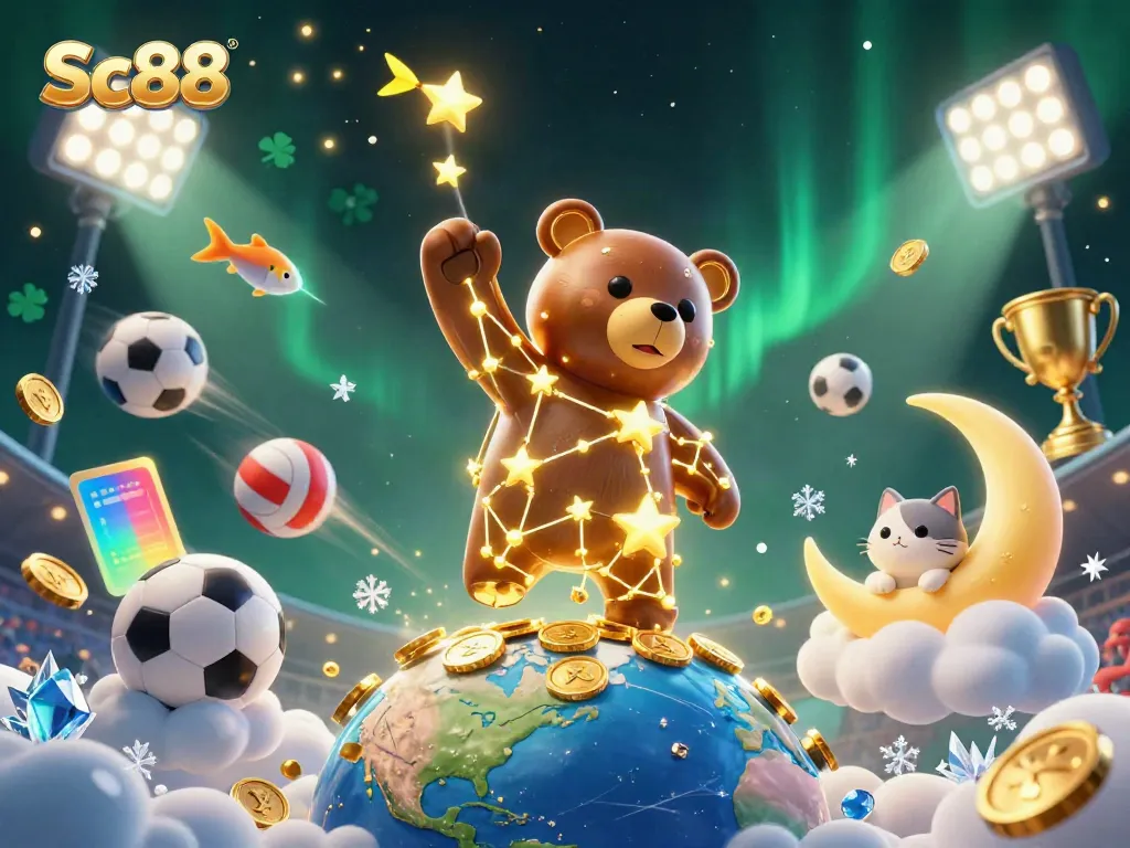 Experience exciting gameplay at Sc88 with golden coins and vibrant sports elements in a magical scene.