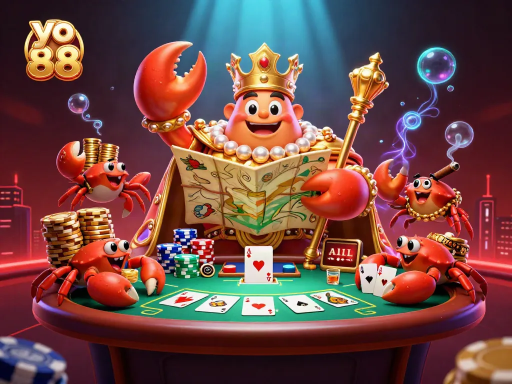 Engage with yo 88 at a vibrant casino scene featuring a golden crab emperor and poker elements.