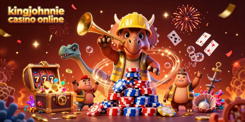 Experience the excitement of kingjohnnie casino online with cartoon characters building poker chip pyramids.