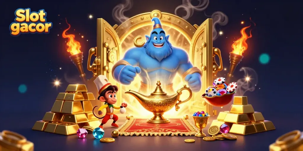 Experience exciting Slot gacor with a genie, monkey, and treasure in a vibrant casino illustration.