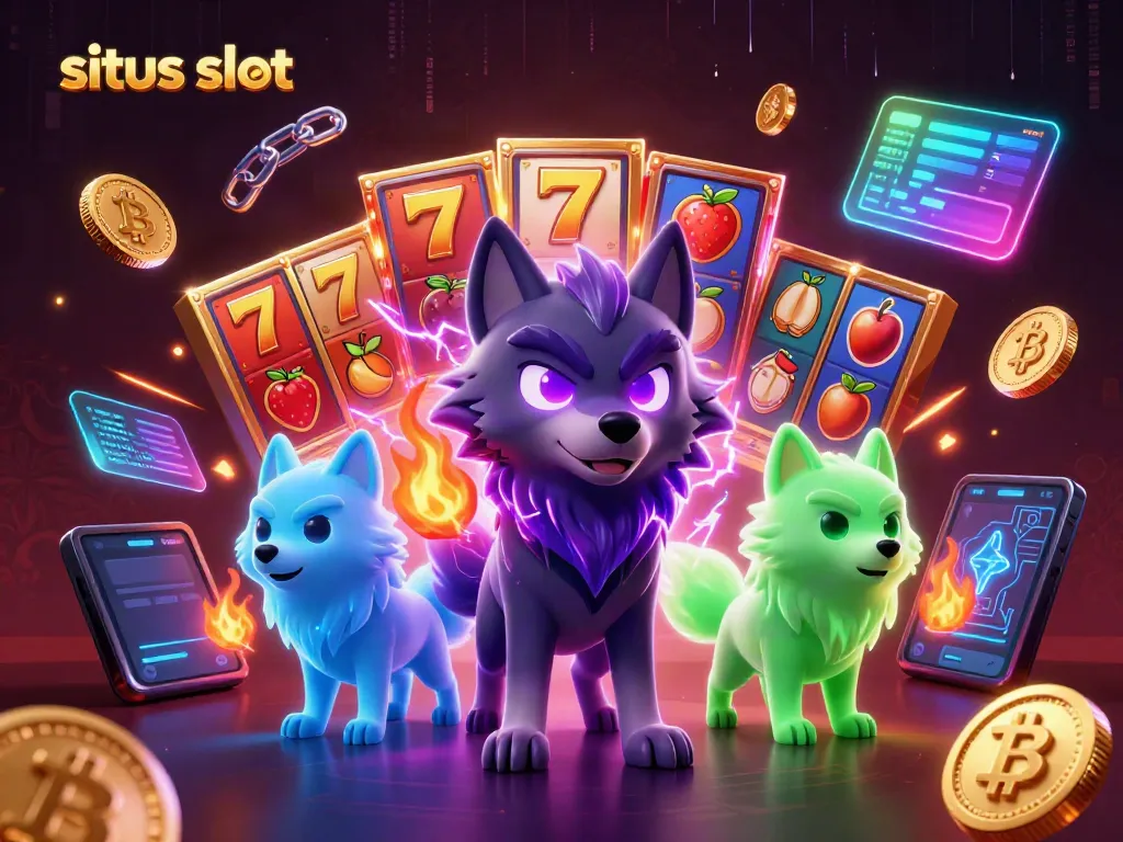 Menangkan jackpot dengan situs slot terbaik dan karakter serigala misterius dalam ilustrasi 3D.