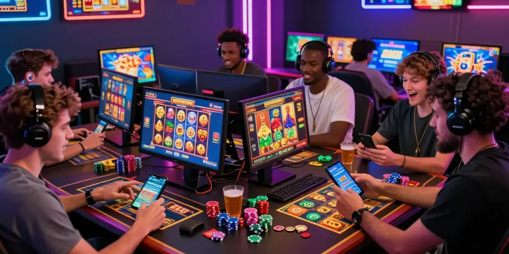 Permainan slot88 online yang menarik dengan pemain bersemangat, suasana digital terkini dan perangkat gaming modern.