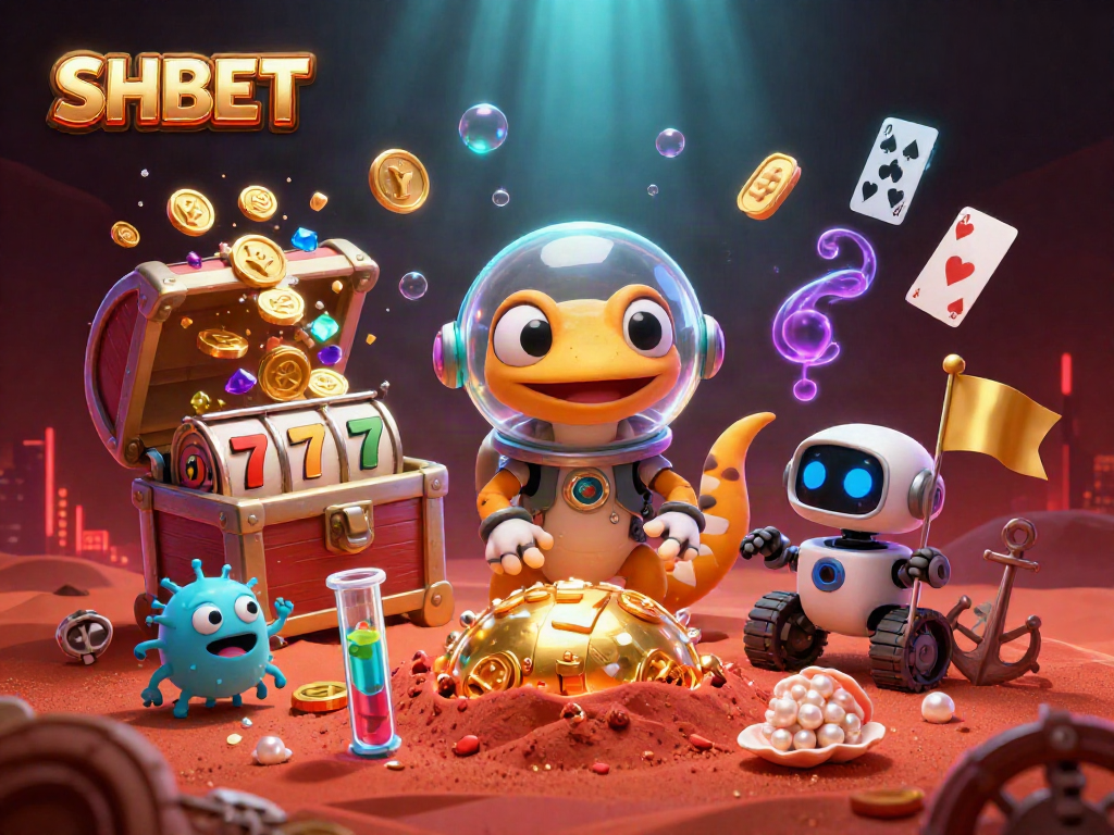 Experience thrilling wins at SHBET with a vibrant casino adventure featuring an alien gecko and treasures.
