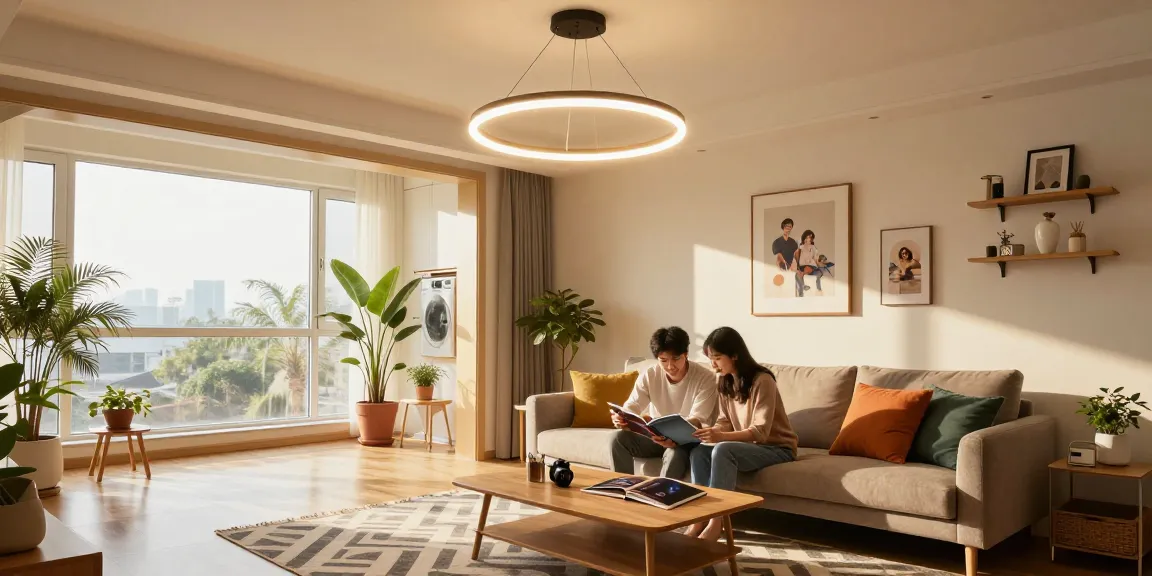 Lustra LED elegantă în living, oferind un ambient modern și primitor.