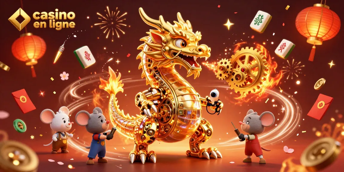Casino en ligne : dragon doré et ingénieur souris au milieu des éléments de jeu festifs.