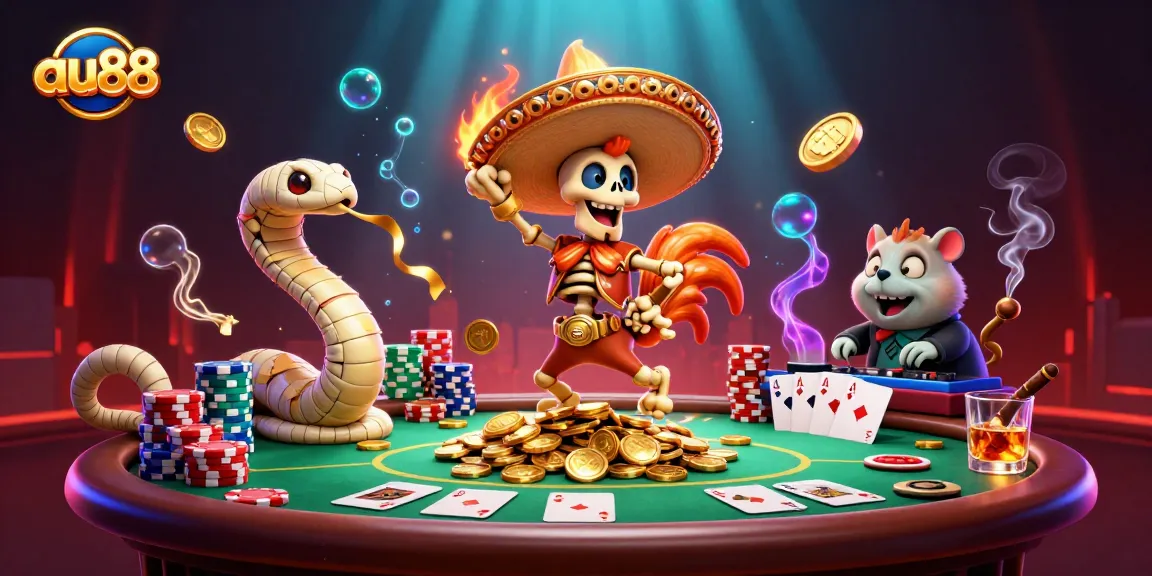 Engage in exciting poker action with the lively au88 characters amidst vibrant casino elements.