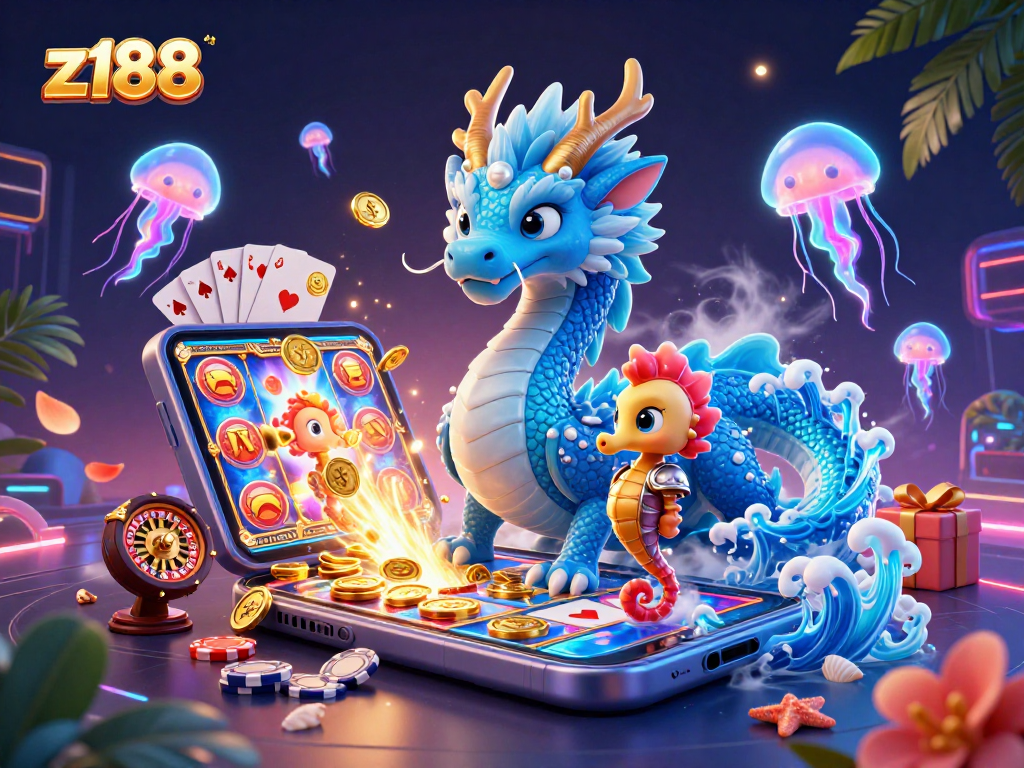 Engage with z188's 3D cartoon casino magic featuring a vibrant dragon, knight, and gaming action.