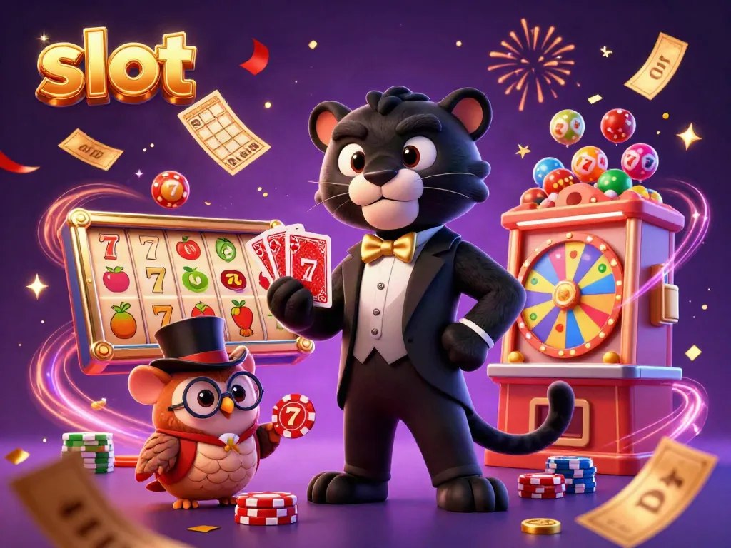 Experience the excitement of slot machines with a dynamic scene featuring a tuxedo-clad panther and friends.