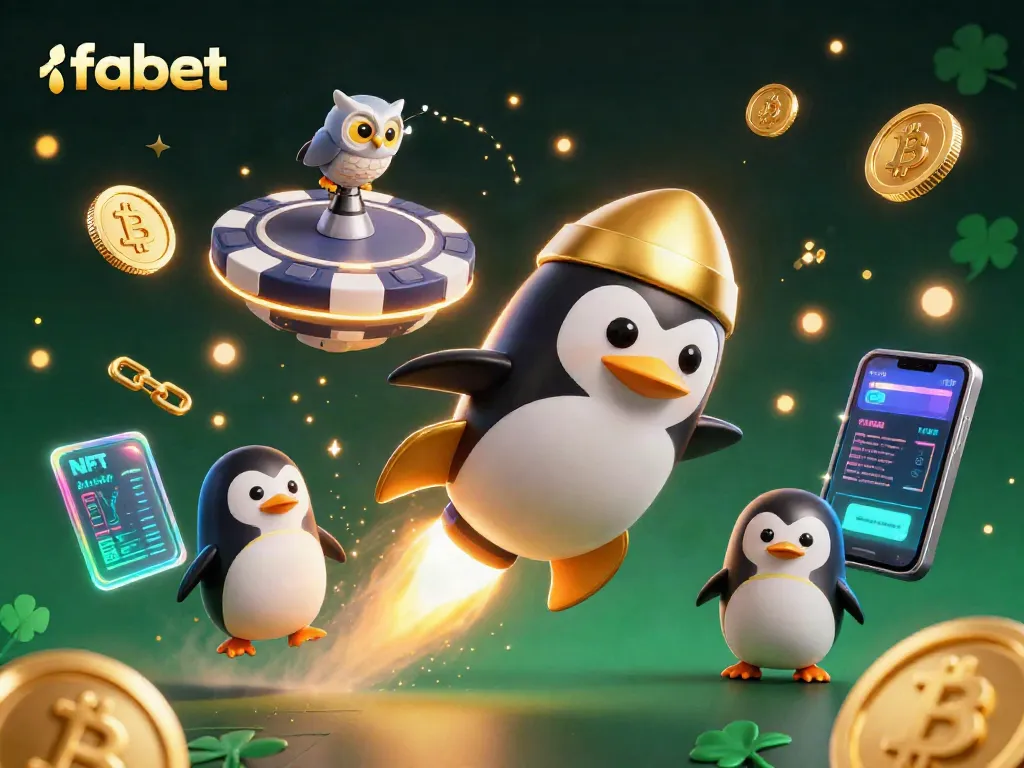 Experience gaming thrills at fabet with a dynamic penguin racing towards a vibrant casino.