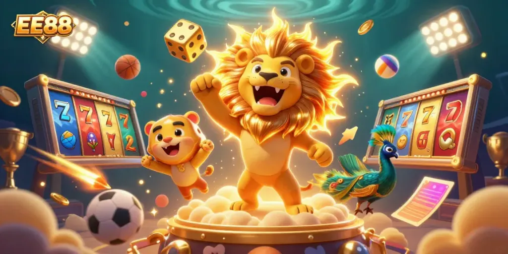 Experience the thrill at EE88 with a vibrant 3D casino scene featuring lively game elements.