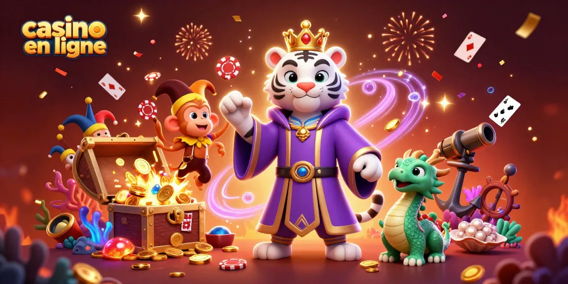 Jouez au casino en ligne avec un tigre élégant, un singe jongleur et une ambiance festive.