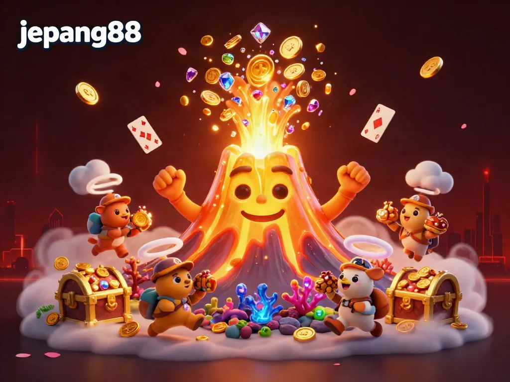 Experience the excitement of jepang88 with a treasure-filled volcanic scene featuring gold coins and vibrant characters.