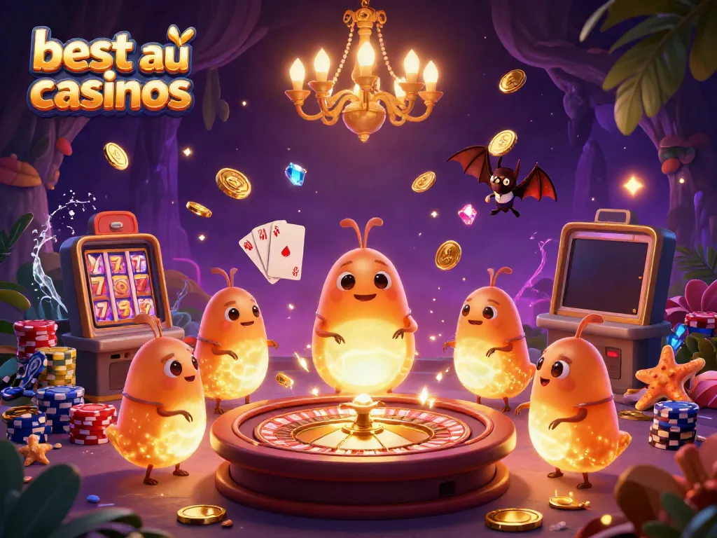 Experience the thrill of the best au online casinos with glowworms lighting a vibrant cave casino scene.
