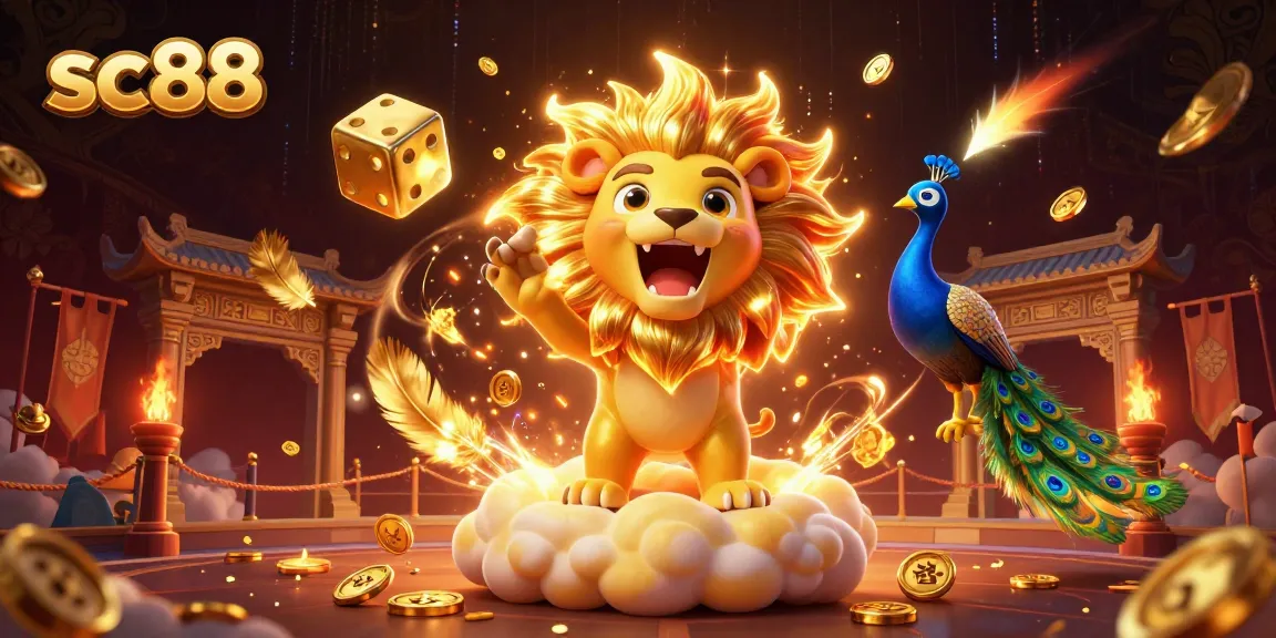 Experience sc88 excitement as a roaring lion and golden dice engage in vibrant casino action.