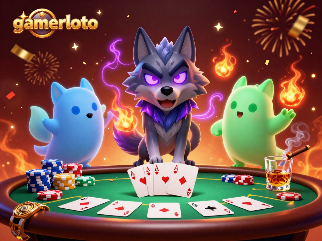 Gamerloto showcases a spirited poker scene with ghostly wolves and vibrant casino elements.
