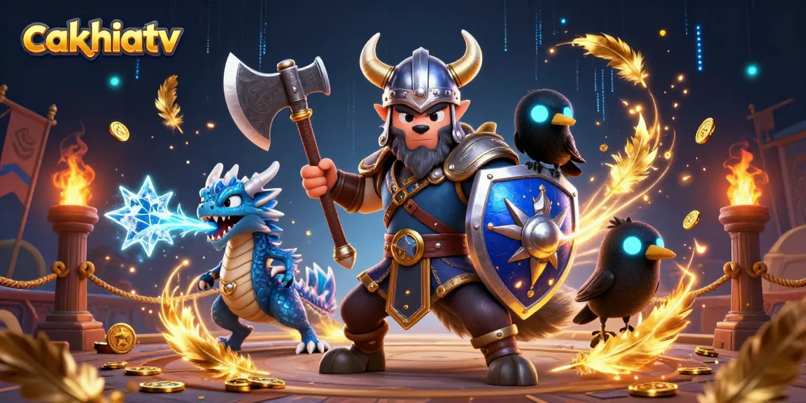 CakhiaTV showcases a thrilling scene of a Viking wolf warrior, fierce dragon, and glowing raven, immersed in a dynamic gambling arena environment.