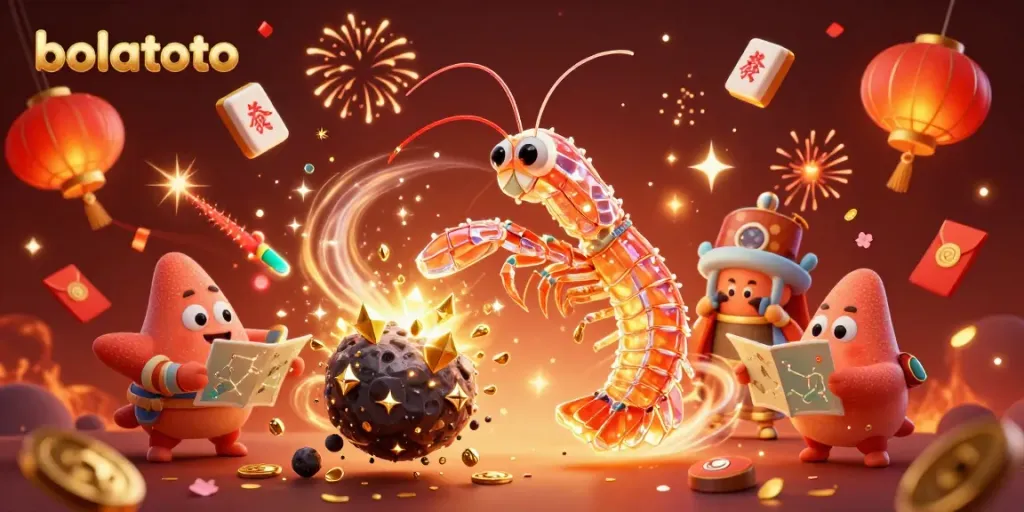 Witness a dynamic battle with bolatoto's enchanting characters amidst a treasure explosion in a dazzling casino-themed illustration.