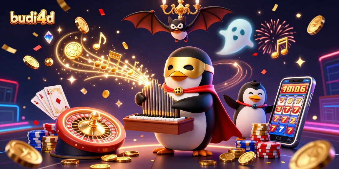 Budi4D offers an exciting slot gaming scene with a penguin playing an organ that shoots golden coins amidst vibrant casino elements.