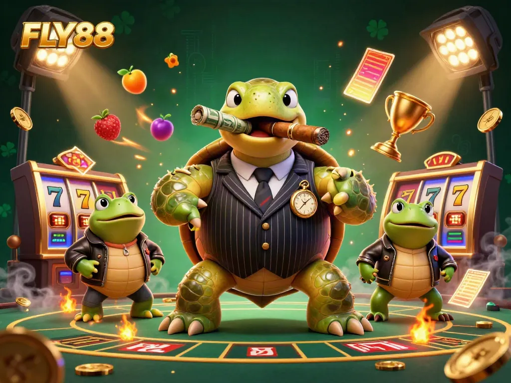 FLY88 casino illustration featuring a snapping turtle and bullfrog enforcers amid slot game elements.