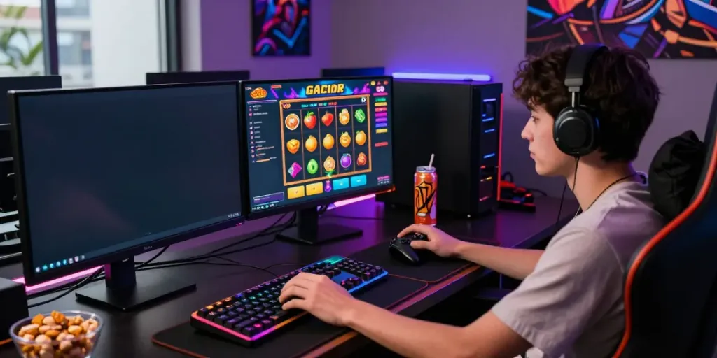 Player engaged in intense gaming session on slot gacor, showcasing vibrant screens and gaming accessories.