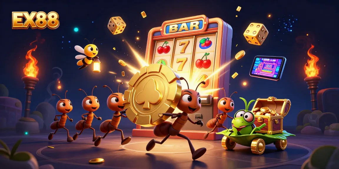Experience the excitement of EX88 with a thrilling heist scene featuring 3D cartoon ants and casino elements.