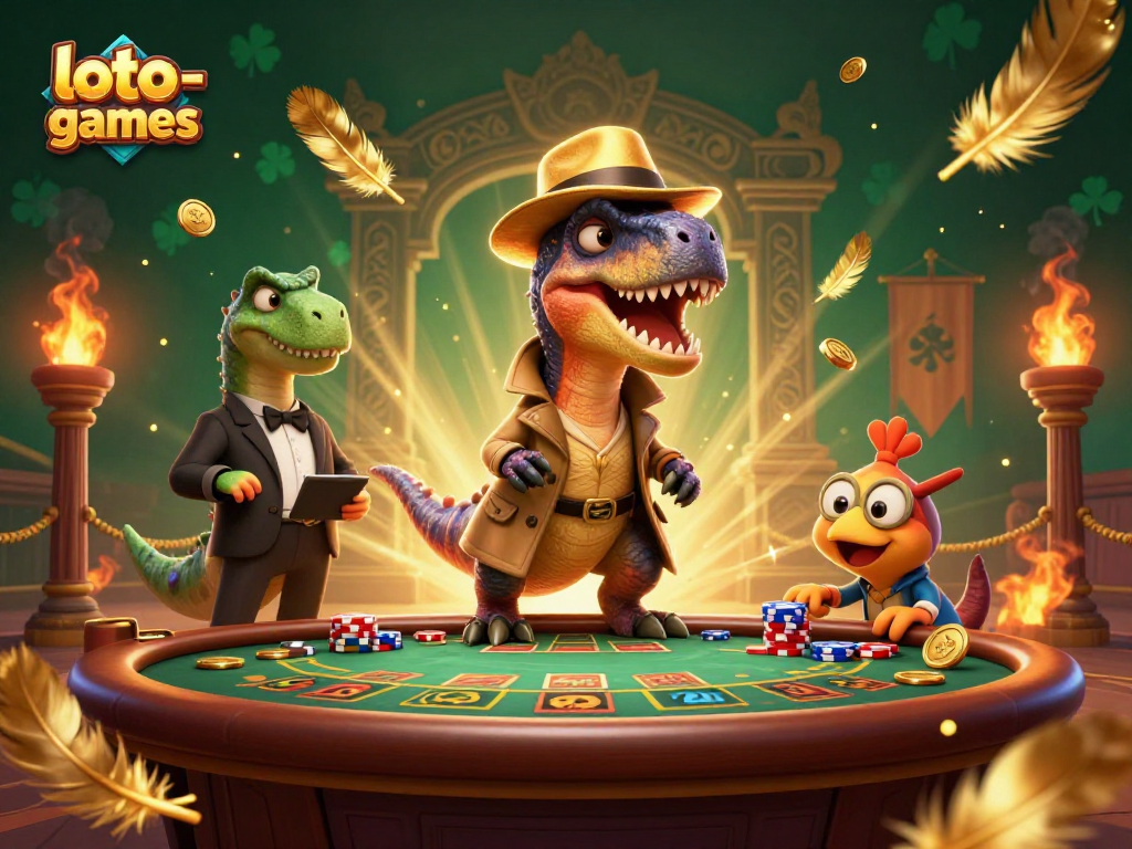Experience thrilling gaming with loto-games featuring a velociraptor card counter and colorful casino atmosphere.