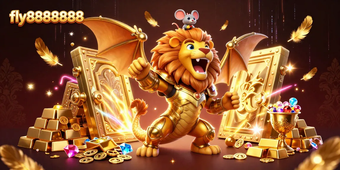 Experience the thrill at fly88888888 where a victorious chimera fiercely guards treasures in a vibrant casino scene.