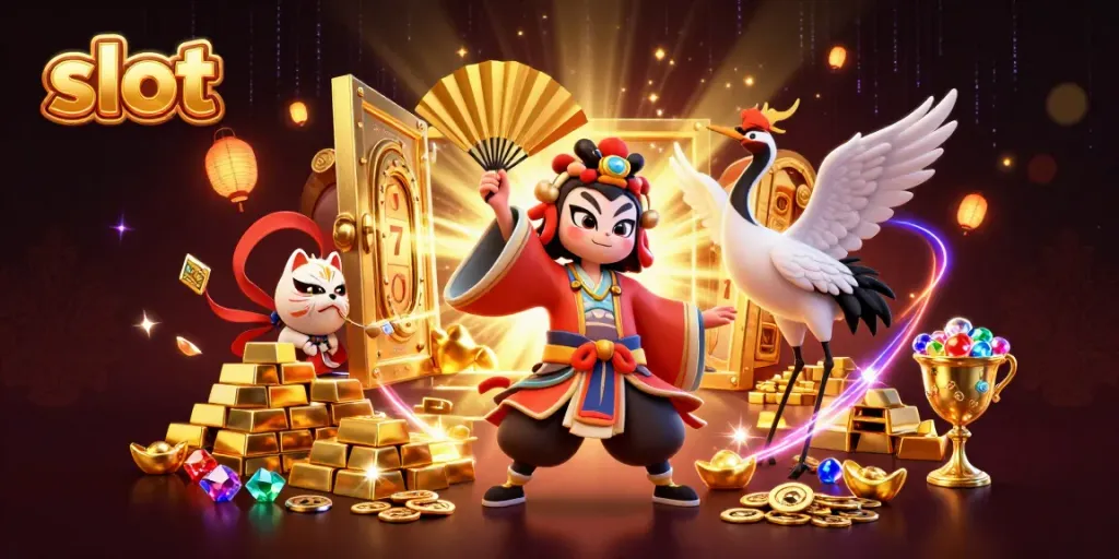 Permainan slot yang seru dengan karakter Kabuki, kekayaan emas, dan simbol keberuntungan.