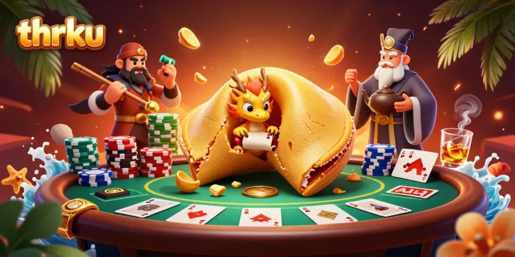 Experience thrilling poker action with thrku, featuring a vibrant scene of a wise dragon and fortune cookie characters.