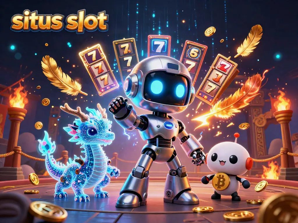 Engage with situs slot action featuring a cyberpunk robot, AI dragon, and bitcoin drone amidst vibrant casino elements.