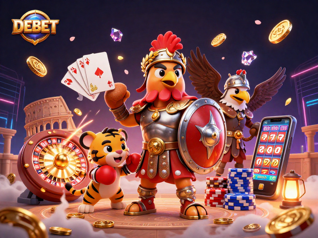 Experience the thrill of winning at DEBET with dynamic casino elements and characters in an energetic gambling scene.