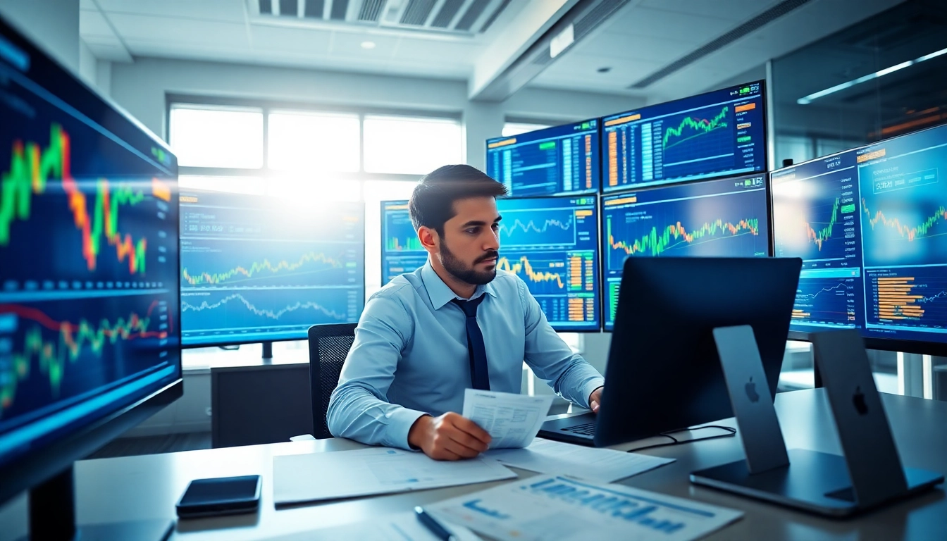Analyze AI Investing trends with a stock trader in a modern office, showcasing investment strategies.