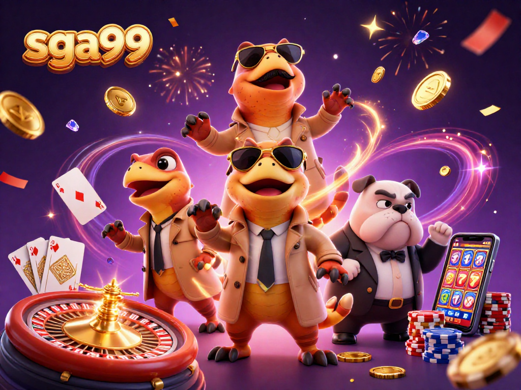 Experience the thrill of winning at sga99 with three raptors comically entering a VIP casino lounge.