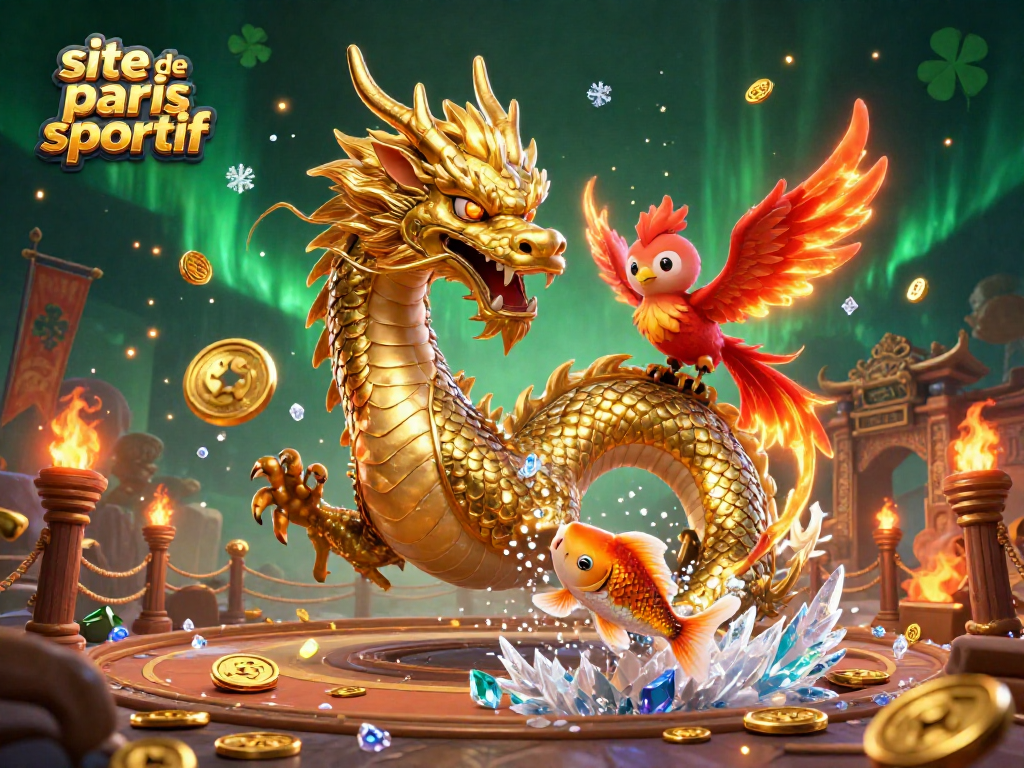Pariez sur le site de paris sportif avec un dragon auréolé de succès, un phénix enflammé et des pièces d'or scintillantes.