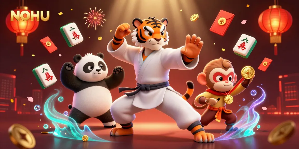 Engage with NOHU in a vibrant 3D scene of playful gambling characters showcasing martial arts.