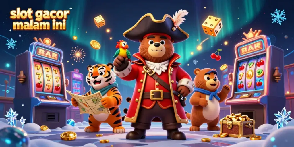 Visual khas slot gacor malam ini dengan karakter beruang bajak laut dan simbol mesin slot.
