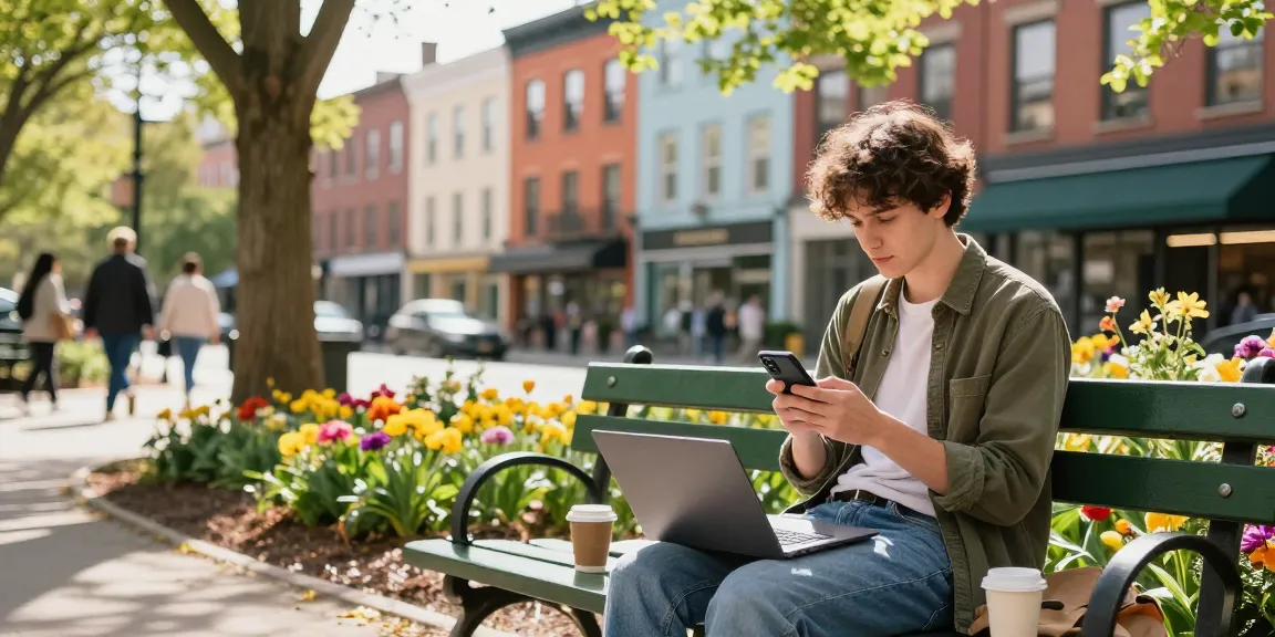 Engaged user exploring BedPersonal for local classifieds in a vibrant urban park.