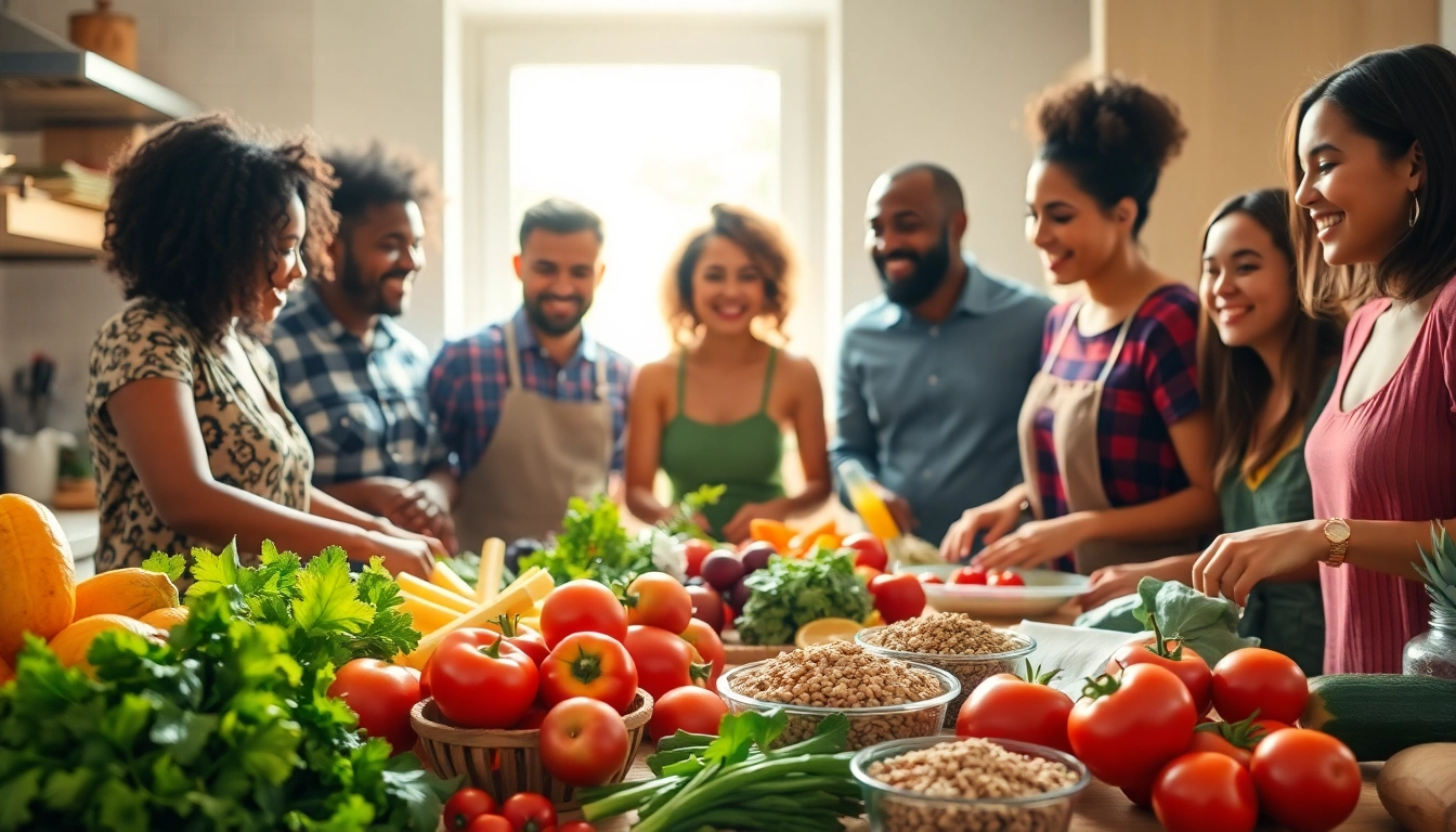Promote a Healthy Life through a vibrant kitchen scene filled with fresh ingredients and joyful preparations.
