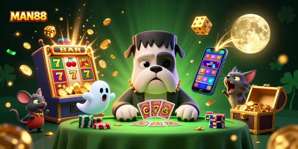 Engage with MAN88's thrilling casino experience featuring a vibrant 3D scene full of excitement.