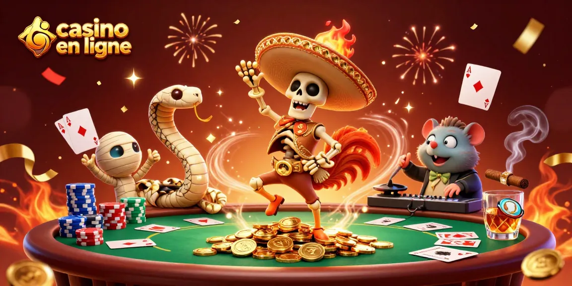 Fête au casino en ligne avec un danseur de mariachi et des éléments de poker colorés.