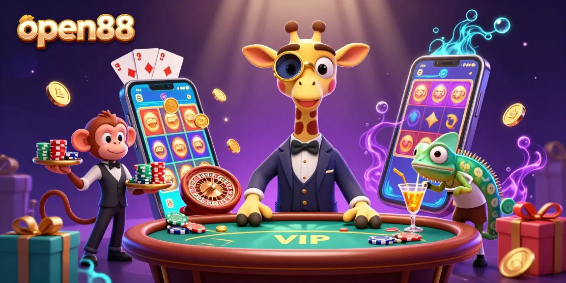 Experience open88's vibrant casino atmosphere with a high-roller giraffe at a VIP poker table.