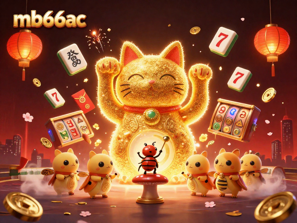 Experience the magic of mb66ac with a vibrant lucky cat and casino symbols dancing in 3D.