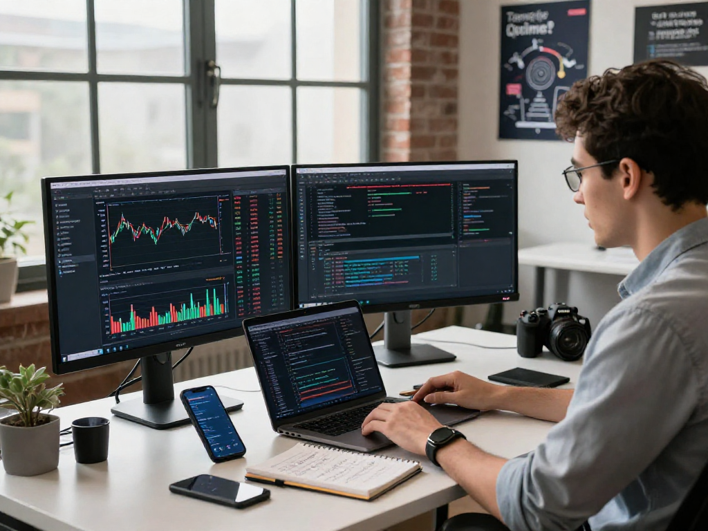 Developer utilizing the 700.HK live quote API in a modern tech workspace with real-time stock data displayed on screens.