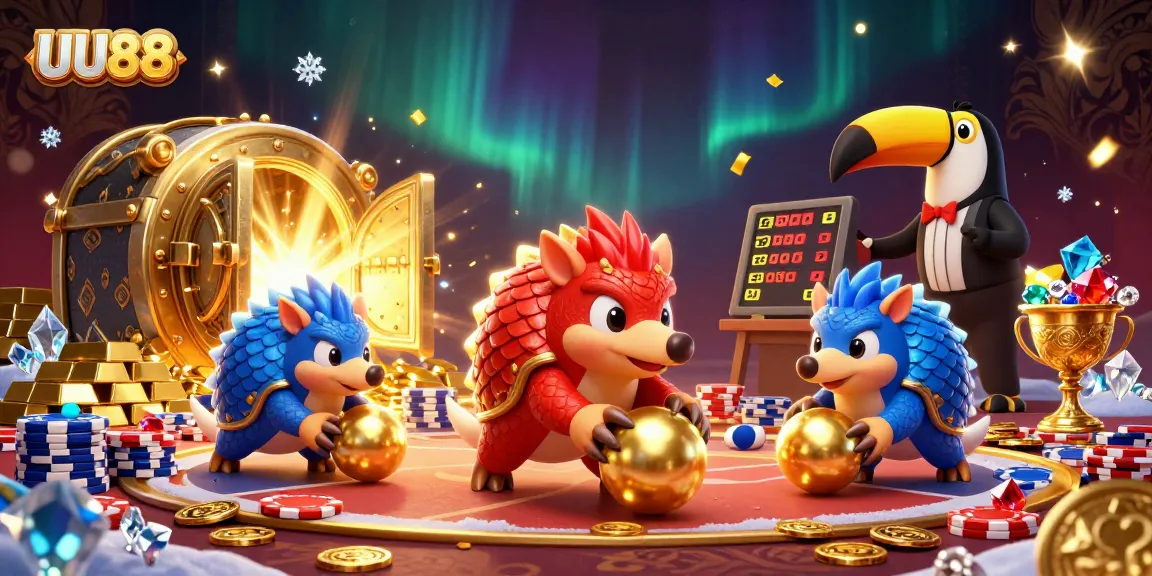 Bowling pangolins in a vibrant UU88 casino scene filled with golden treasures and poker chips.